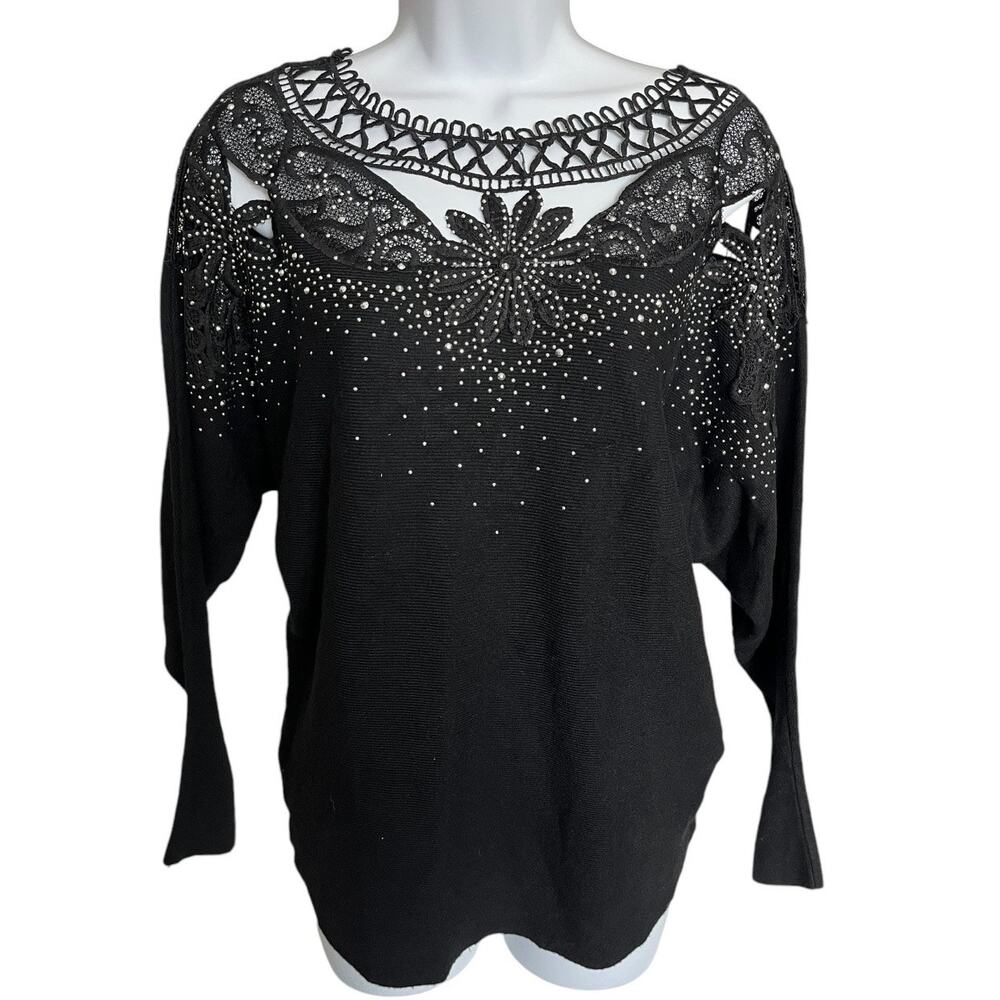 Daniel black long sleeve shirt jeweled embroidered crochet cutout neck S/M NWT